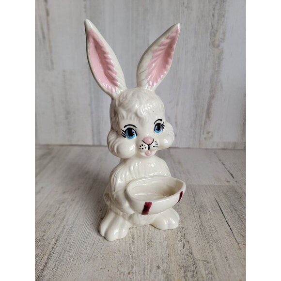 Vintage holding egg ceramic Easter rabbit bunny home decor unique - Picture 2 of 8